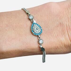 Teardrop Evil Eye Sterling Silver 925 Double Chain Bracelet